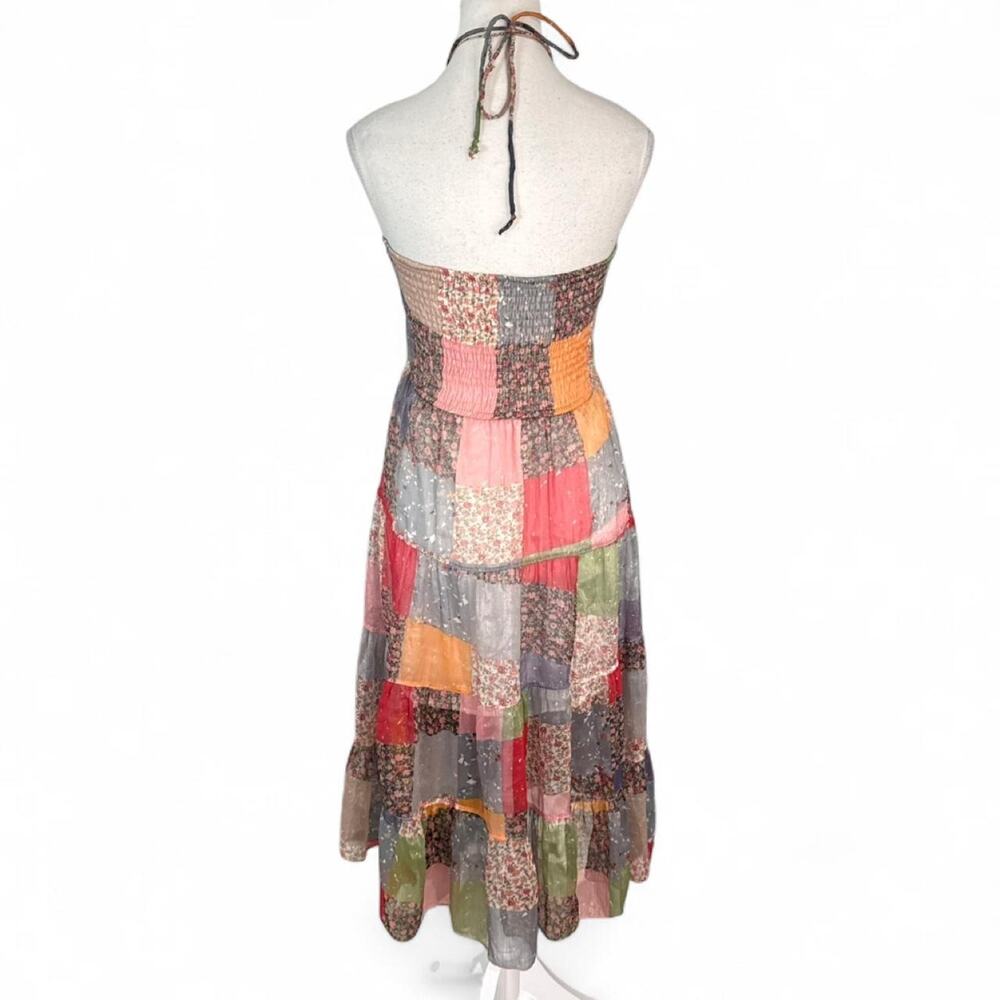 Patchwork Halter Neck midi dress floral and solid fabric panels in colors size M - Picture 2 of 6